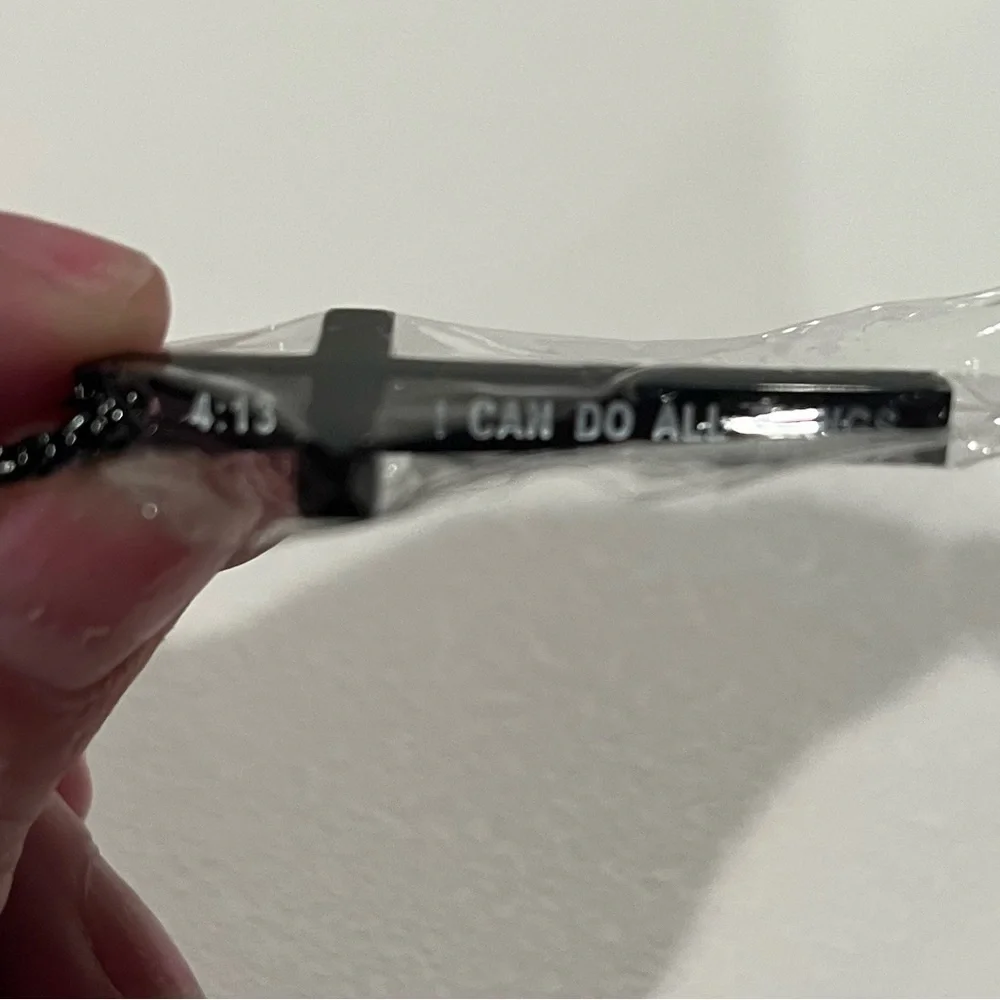 NEW Black Stainless Steel Cross Necklace Bible Verse 4:13 Box Chain Adjustable